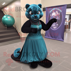 Teal Panther mascot costume character dressed with a Ball Gown and Foot pads