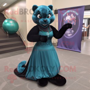 Teal Panther mascot costume character dressed with a Ball Gown and Foot pads