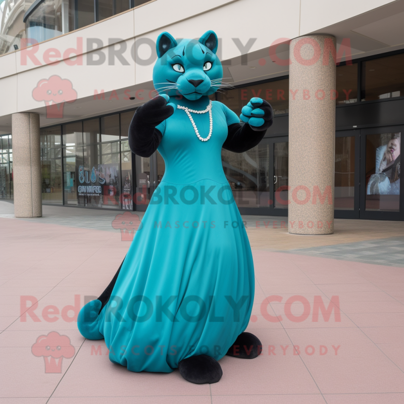 Teal Panther mascot costume character dressed with a Ball Gown and Foot pads