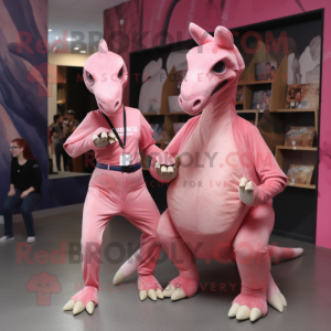 Pink Parasaurolophus mascot costume character dressed with a Boyfriend Jeans and Cummerbunds