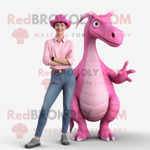Pink Parasaurolophus mascot costume character dressed with a Boyfriend Jeans and Cummerbunds