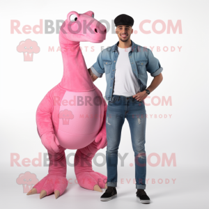 Pink Parasaurolophus mascot costume character dressed with a Boyfriend Jeans and Cummerbunds