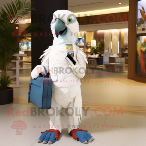 White Macaw mascot costume character dressed with a Sweater and Clutch bags