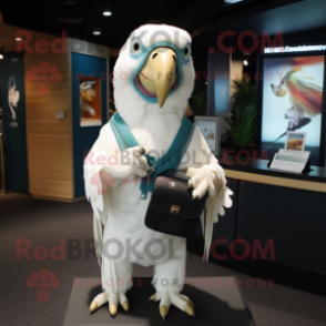 White Macaw mascot costume character dressed with a Sweater and Clutch bags