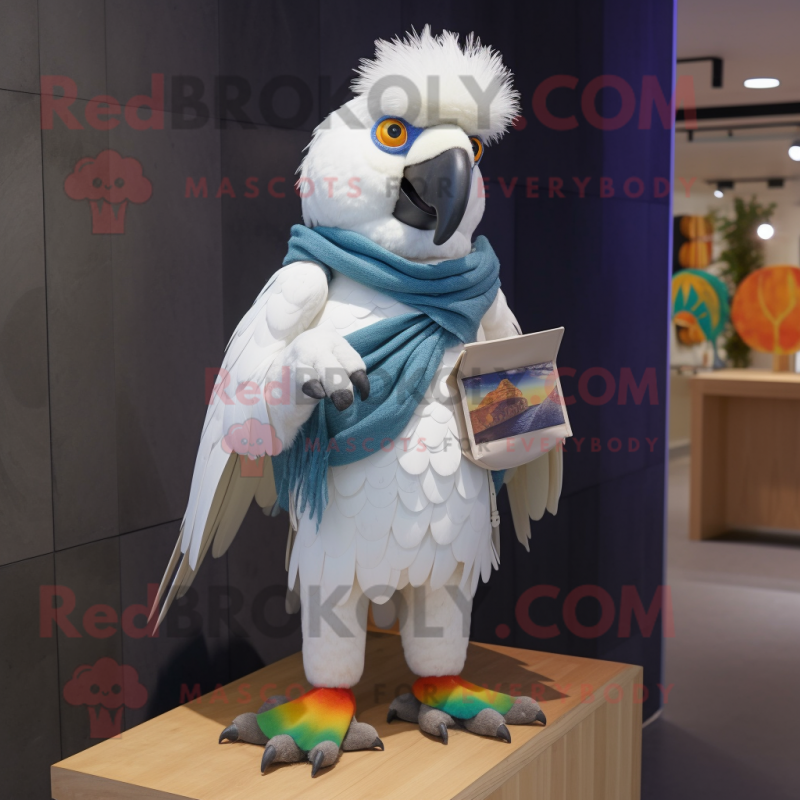White Macaw mascot costume character dressed with a Sweater and Clutch bags White Macaw mascot costume character dressed with a Sweater and Clutch bags