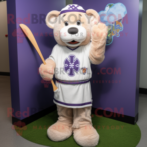 Lavender Celtic Cross mascot costume character dressed with a Baseball Tee and Hairpins