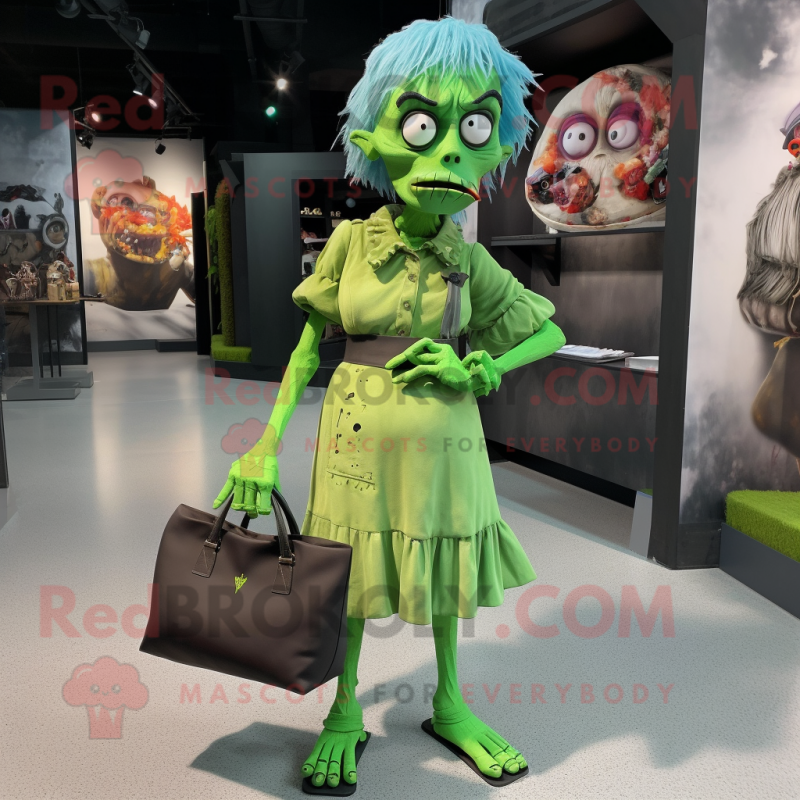 Green Zombie mascot costume character dressed with a Culottes and Handbags