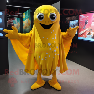 Yellow Stingray mascot costume character dressed with a Wrap Skirt and Gloves