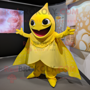 Yellow Stingray mascot costume character dressed with a Wrap Skirt and Gloves
