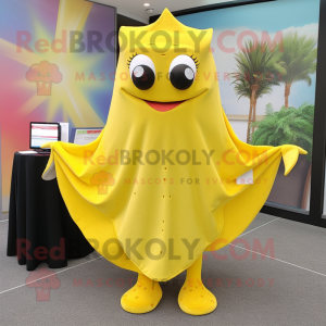 Yellow Stingray mascot costume character dressed with a Wrap Skirt and Gloves