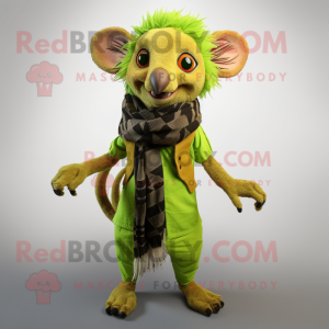 Lime Green Aye-Aye mascot costume character dressed with a Corduroy Pants and Scarf clips