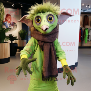 Lime Green Aye-Aye mascot costume character dressed with a Corduroy Pants and Scarf clips