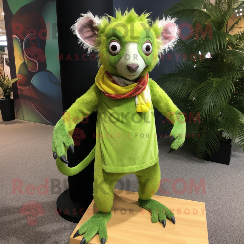 Lime Green Aye-Aye mascot costume character dressed with a Corduroy Pants and Scarf clips