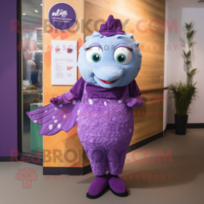 Purple Fish And Chips mascot costume character dressed with a Playsuit and Shawls