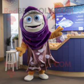 Purple Fish And Chips mascot costume character dressed with a Playsuit and Shawls