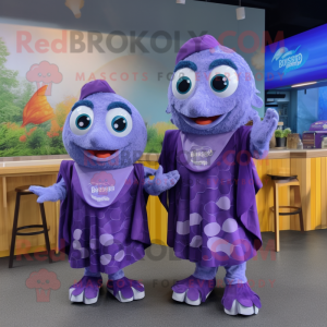 Purple Fish And Chips mascot costume character dressed with a Playsuit and Shawls