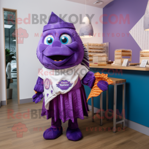 Purple Fish And Chips mascot costume character dressed with a Playsuit and Shawls