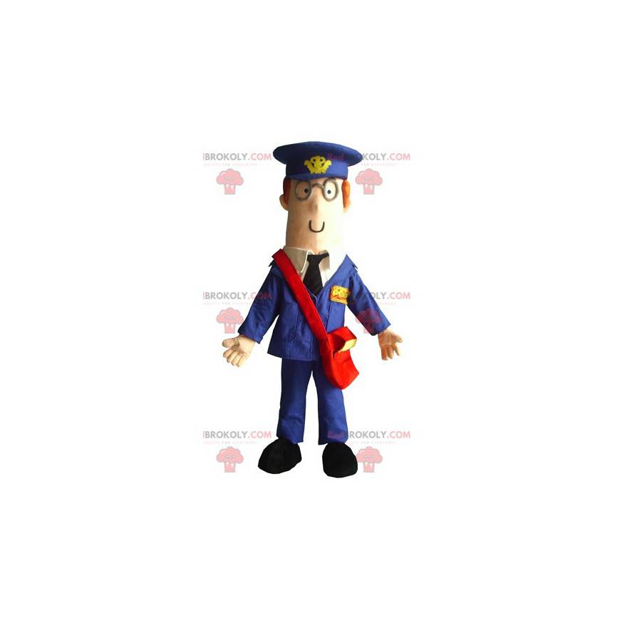 Mascotte del postino vestita in uniforme blu - Redbrokoly.com