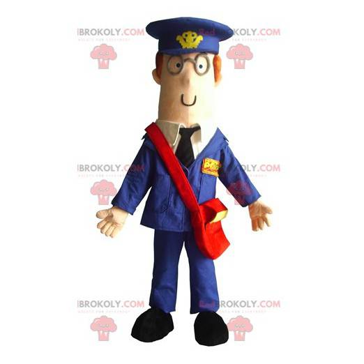 Mascotte del postino vestita in uniforme blu - Redbrokoly.com