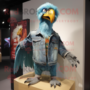 Turquoise Vulture mascot costume character dressed with a Denim Shirt and Brooches