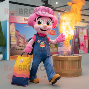 Pink Fire Eater mascot costume character dressed with a Denim Shorts and Tote bags