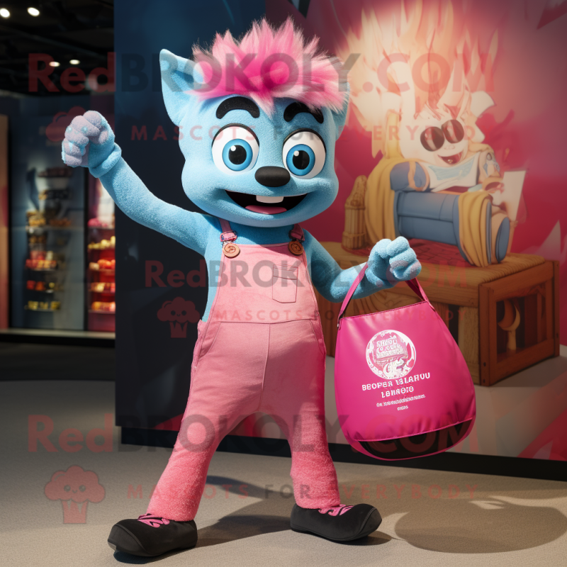 Pink Fire Eater mascot costume character dressed with a Denim Shorts and Tote bags Pink Fire Eater mascot costume character dressed with a Denim Shorts and Tote bags