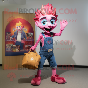 Pink Fire Eater mascot costume character dressed with a Denim Shorts and Tote bags