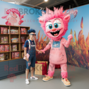 Pink Fire Eater mascot costume character dressed with a Denim Shorts and Tote bags