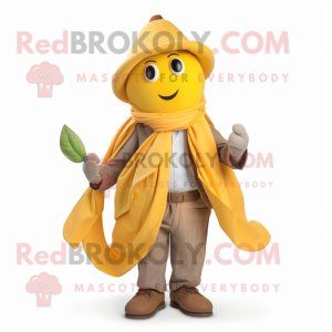 Yellow Mango mascot costume character dressed with a Dress Pants and Scarves