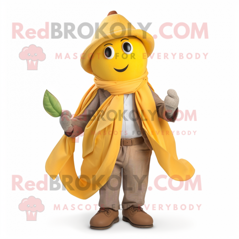 Yellow Mango mascot costume character dressed with a Dress Pants and Scarves
