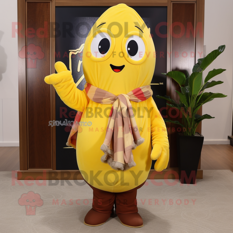 Yellow Mango mascot costume character dressed with a Dress Pants and Scarves