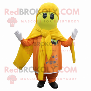 Yellow Mango mascot costume character dressed with a Dress Pants and Scarves