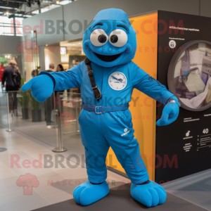 Blue Wrist Watch mascot costume character dressed with a Jumpsuit and Wallets