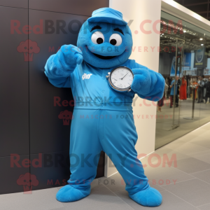 Blue Wrist Watch mascot costume character dressed with a Jumpsuit and Wallets