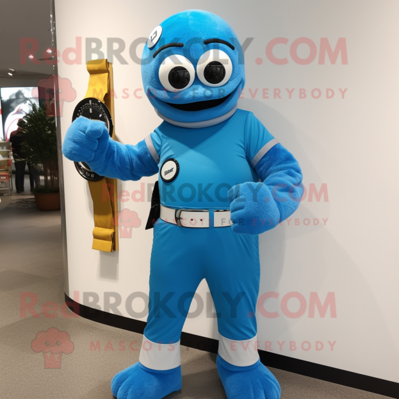 Blue Wrist Watch mascot costume character dressed with a Jumpsuit and Wallets