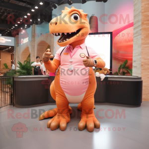 Peach T Rex mascot costume character dressed with a Tank Top and Smartwatches