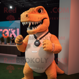 Peach T Rex mascot costume character dressed with a Tank Top and Smartwatches