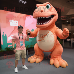 Peach T Rex mascot costume character dressed with a Tank Top and Smartwatches