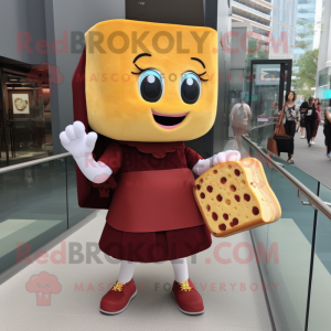Maroon Grilled Cheese Sandwich mascot costume character dressed with a Skirt and Handbags