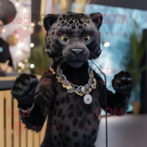 Black Leopard mascot costume character dressed with a Playsuit and Suspenders