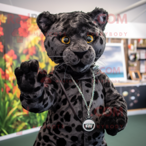 Black Leopard mascot costume character dressed with a Playsuit and Suspenders