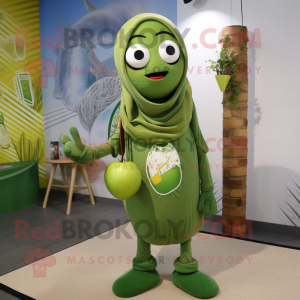 Olive Juggle mascot costume character dressed with a Skinny Jeans and Shawl pins