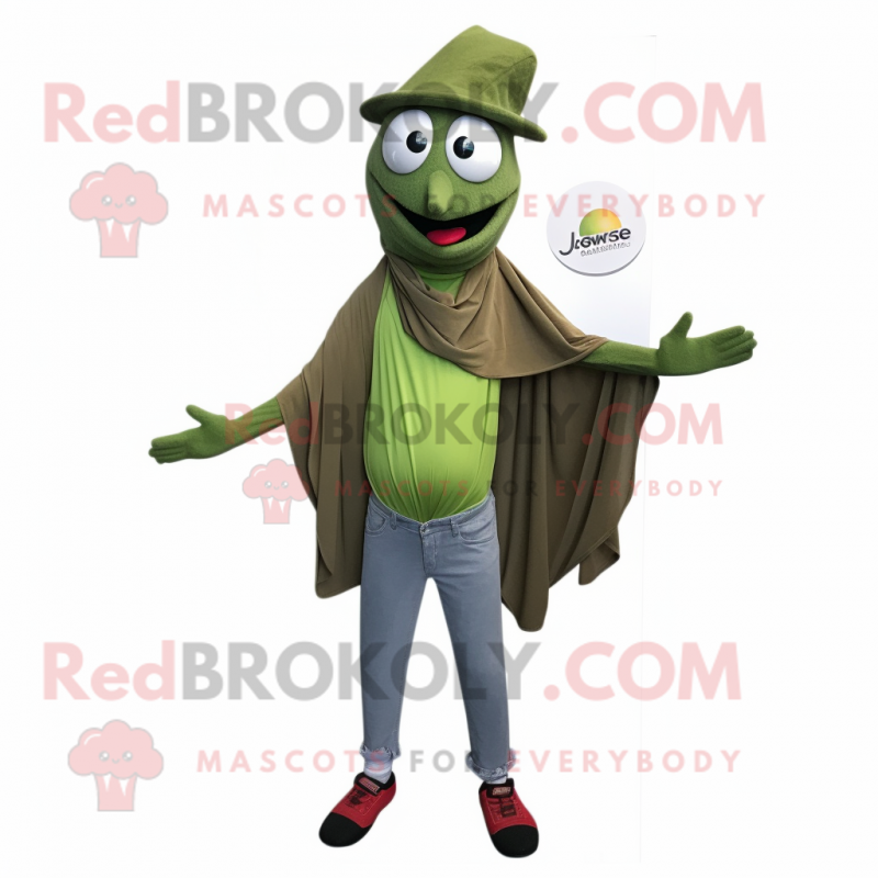 Olive Juggle mascot costume character dressed with a Skinny Jeans and Shawl pins