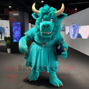 Cyan Minotaur mascot costume character dressed with a A-Line Dress and Backpacks