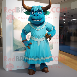 Cyan Minotaur mascot costume character dressed with a A-Line Dress and Backpacks