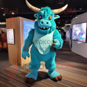 Cyan Minotaur mascot costume character dressed with a A-Line Dress and Backpacks