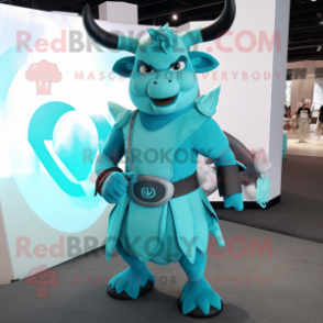 Cyan Minotaur mascot costume character dressed with a A-Line Dress and Backpacks