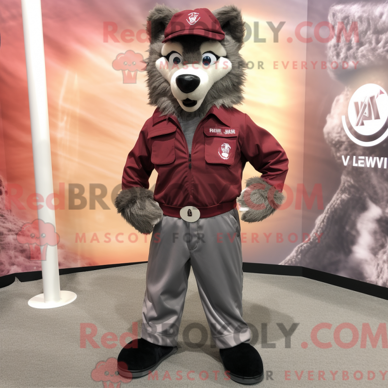 Fantasia de mascote Maroon Say Wolf com calça cargo e abotoaduras - Diga lobo mascotes - REBROKO_320182 - RedBrokoly.com