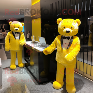 Yellow Teddy Bear mascot costume character dressed with a Tuxedo and Watches