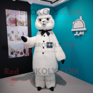 White Alpaca mascot costume character dressed with a A-Line Dress and Lapel pins